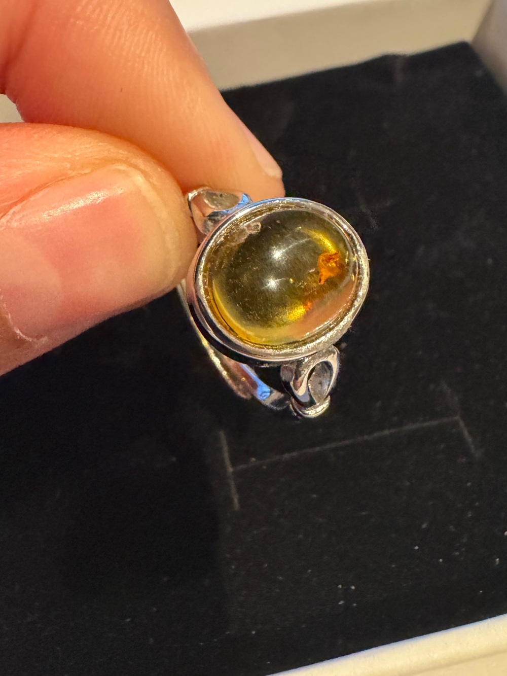 AMBER silver plated Cabochon Women's Ring - Yellow Amber Adjustable size